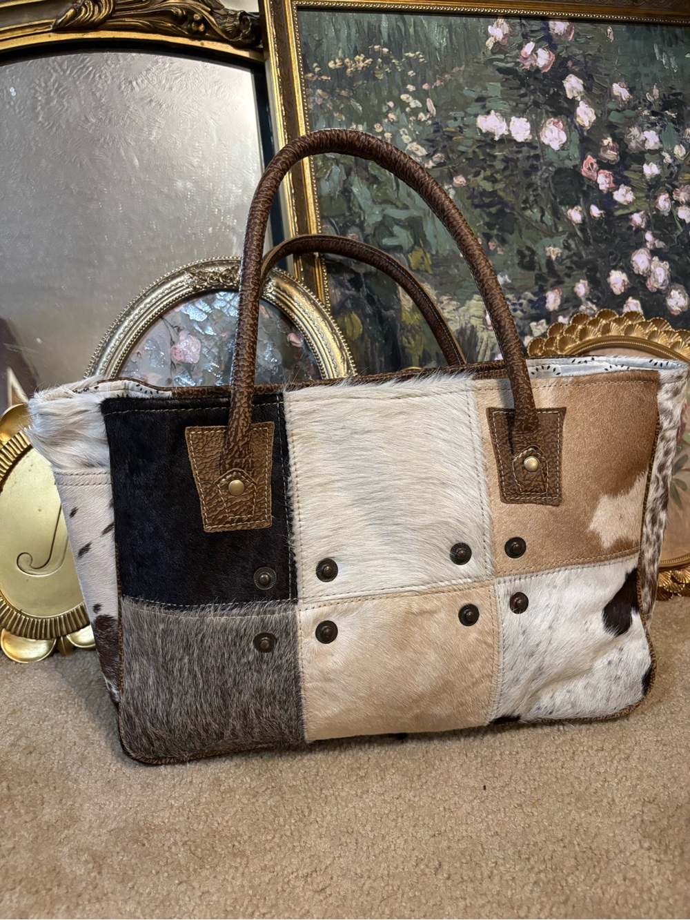 Patchwork Cowhide Tote Bag in Brown & White